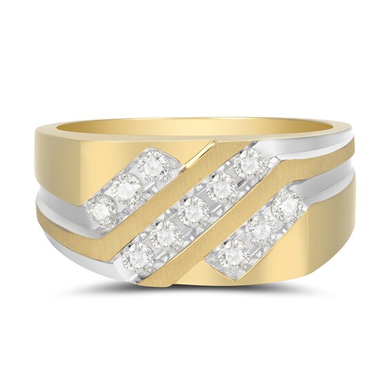 Men's 0.50 CT. T.W. Diamond Triple Row Slant Grooved Shank Ring in 10K Two-Tone Gold