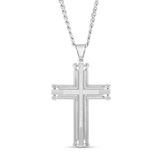 Men's 0.15 CT. T.W. Diamond Industrial Border Cross Pendant in Stainless Steel - 24"