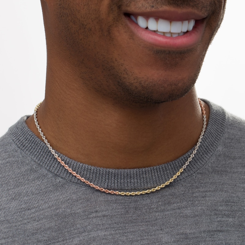 2.65mm Alternating Evergreen Rope Chain Necklace in Hollow 10K Tri-Tone Gold - 20"