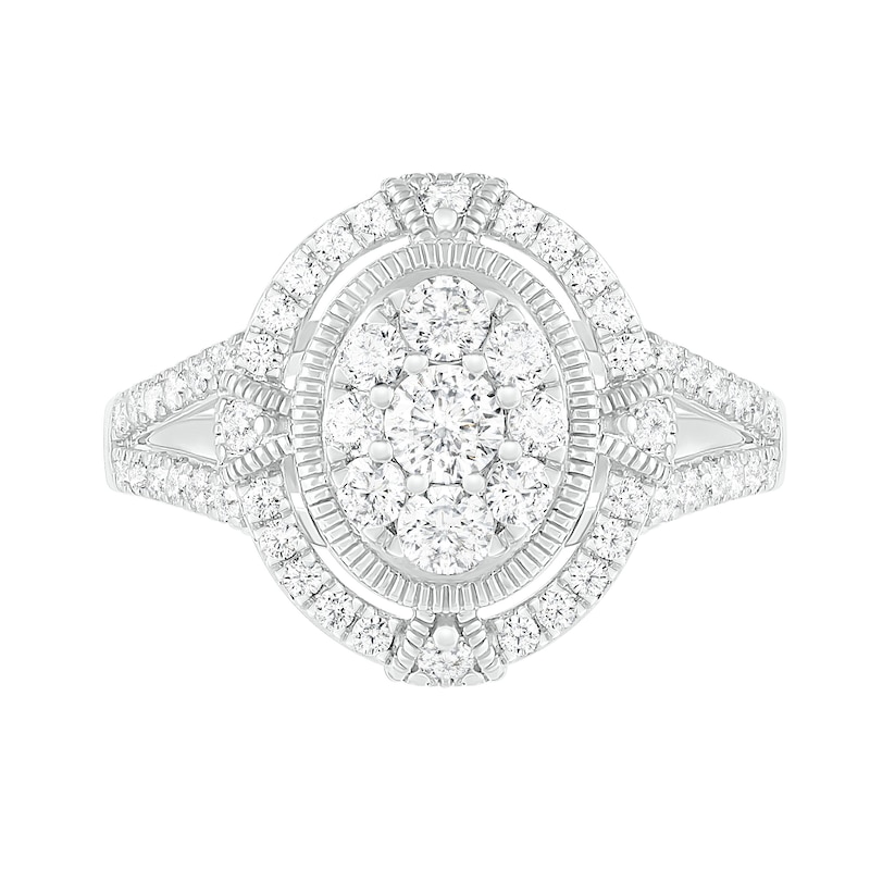 0.95 CT. T.W. Composite Oval Diamond Split Shank Vintage-Style Bridal Set in 10K White Gold