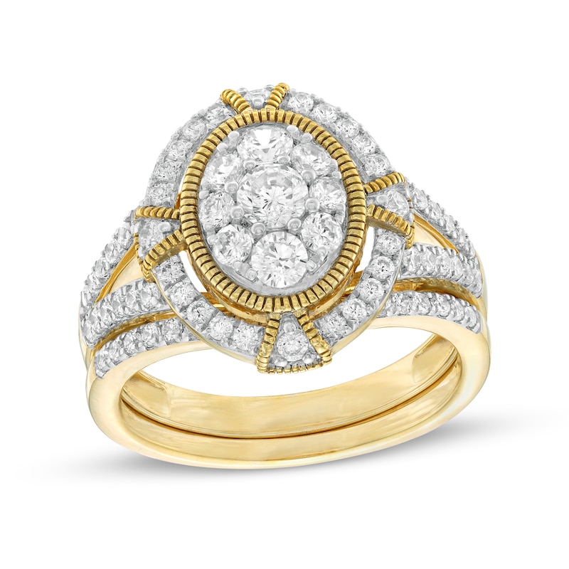 Main Image 1 of 0.95 CT. T.W. Composite Oval Diamond Split Shank Vintage-Style Bridal Set in 10K Gold