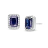Thumbnail Image 0 of Emerald-Cut Lab-Created Blue and White Sapphire Octagonal Frame Stud Earrings in Sterling Silver