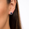 Thumbnail Image 1 of Emerald-Cut Lab-Created Blue and White Sapphire Octagonal Frame Stud Earrings in Sterling Silver