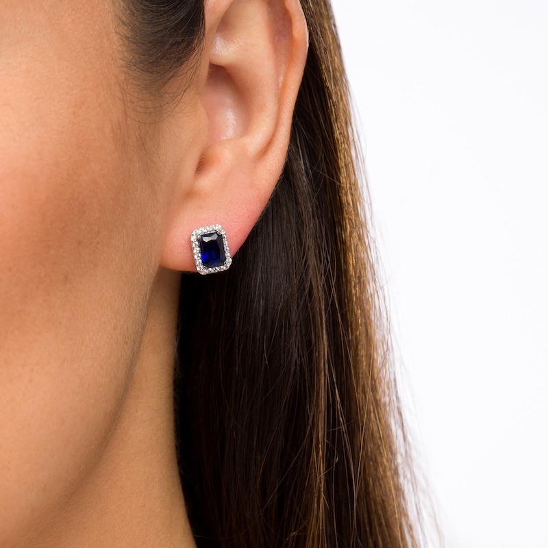 Emerald-Cut Lab-Created Blue and White Sapphire Octagonal Frame Stud Earrings in Sterling Silver