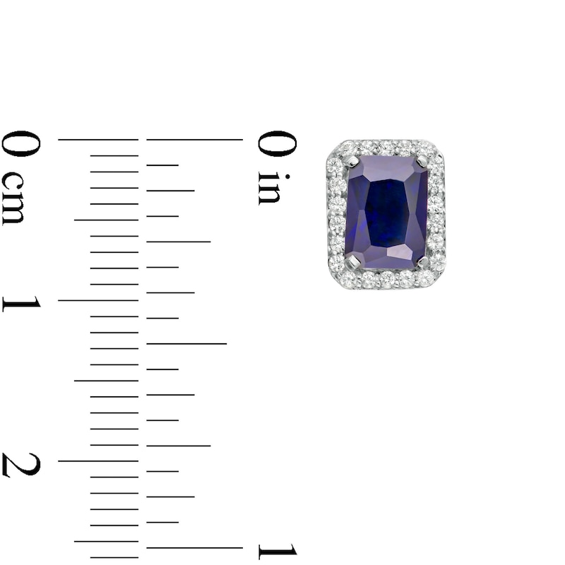 Emerald-Cut Lab-Created Blue and White Sapphire Octagonal Frame Stud Earrings in Sterling Silver
