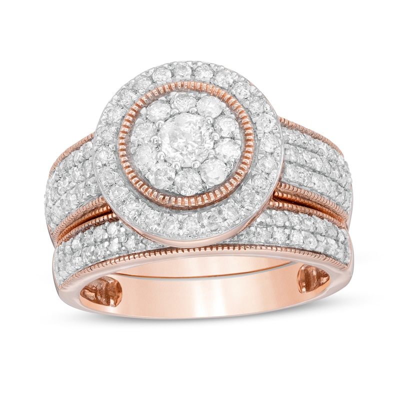 1.29 CT. T.W. Diamond Double Frame Vintage-Style Multi-Row Bridal Set in 10K Rose Gold