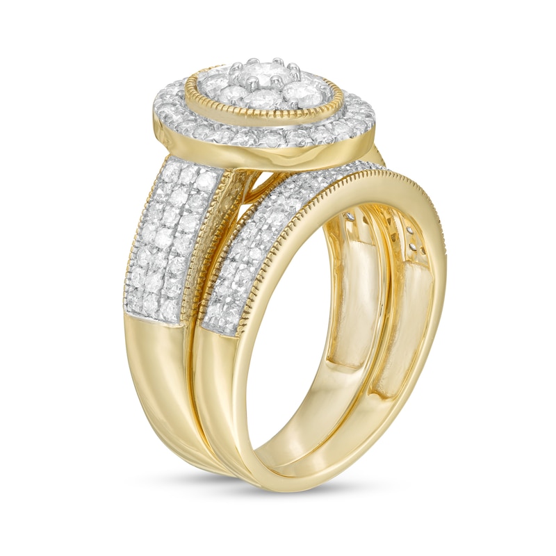 1.29 CT. T.W. Composite Oval Diamond Frame Vintage-Style Multi-Row Bridal Set in 10K Gold