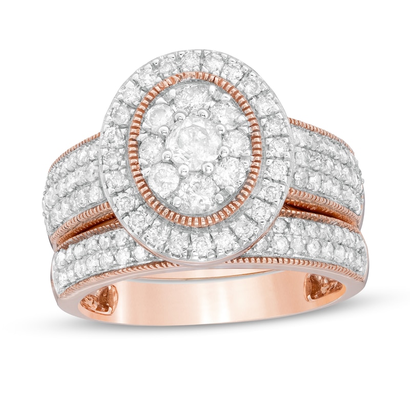 1.29 CT. T.W. Composite Oval Diamond Frame Vintage-Style Multi-Row Bridal Set in 10K Rose Gold|Peoples Jewellers