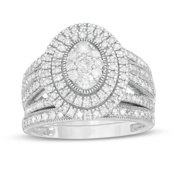 1.23 CT. T.W. Composite Oval Diamond Double Frame Vintage-Style Multi-Row Bridal Set in 10K Gold