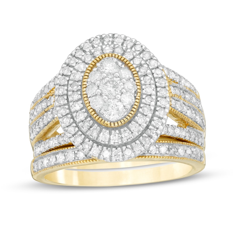 Main Image 1 of 1.23 CT. T.W. Composite Oval Diamond Double Frame Vintage-Style Multi-Row Bridal Set in 10K Gold