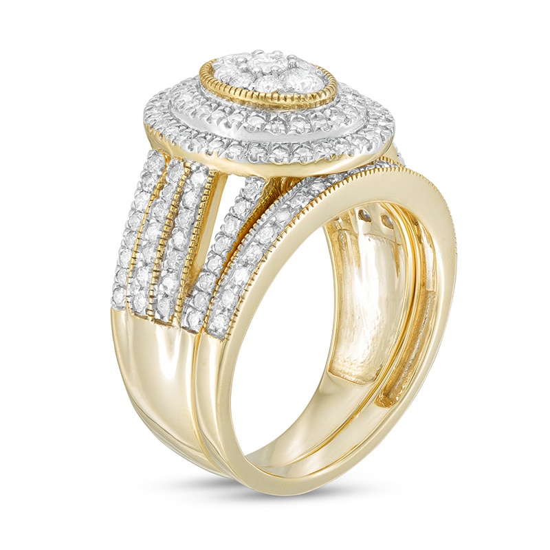 Main Image 3 of 1.23 CT. T.W. Composite Oval Diamond Double Frame Vintage-Style Multi-Row Bridal Set in 10K Gold