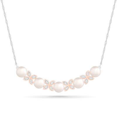 Freshwater Cultured Pearl and White Lab-Created Sapphire Flower Curved Bar Necklace in Sterling Silver and 10K Rose Gold