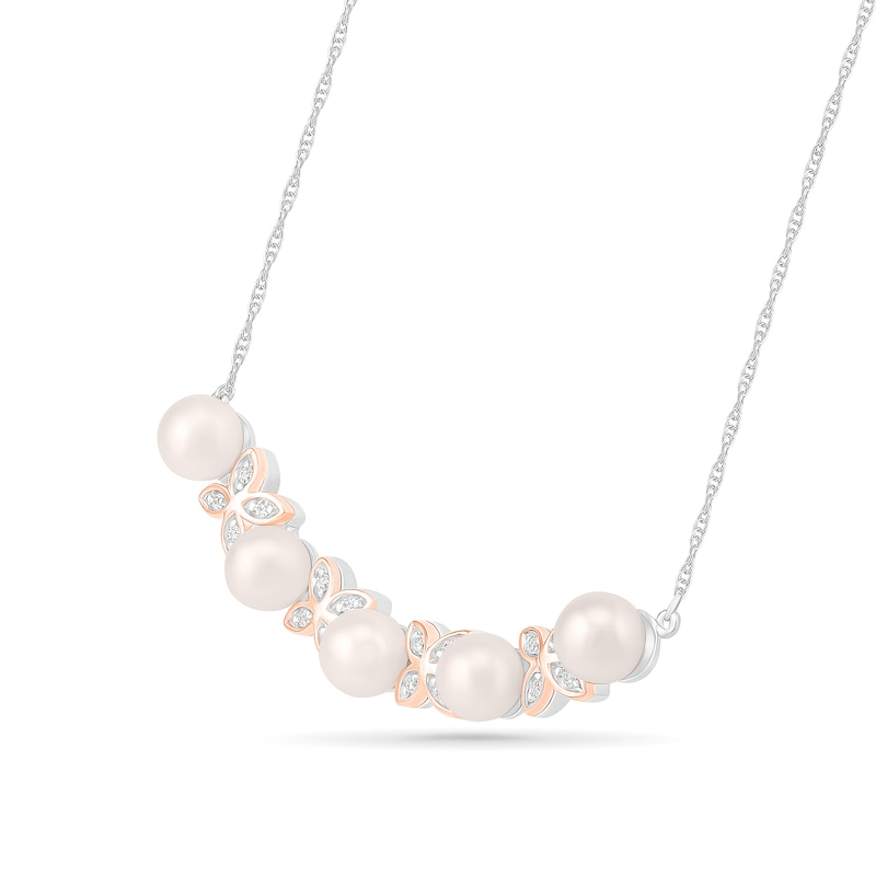 Freshwater Cultured Pearl and White Lab-Created Sapphire Flower Curved Bar Necklace in Sterling Silver and 10K Rose Gold