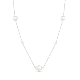 5.0-6.0mm Freshwater Cultured Pearl and White Lab-Created Sapphire Alternating Station Necklace in Sterling Silver