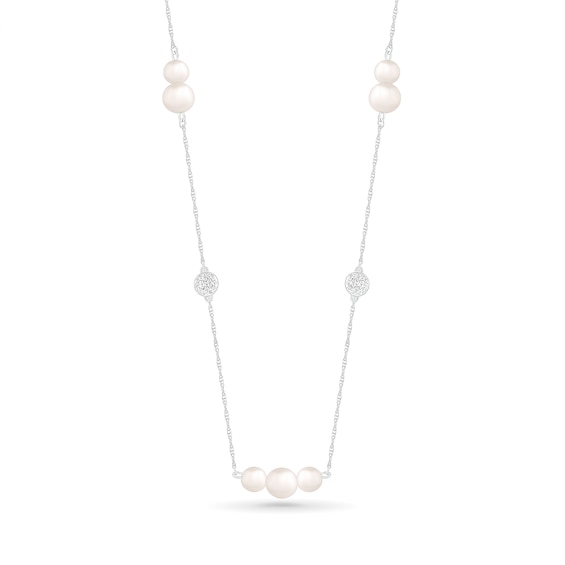 Freshwater Cultured Pearl and White Lab-Created Sapphire Cluster Alternating Station Necklace in Sterling Silver