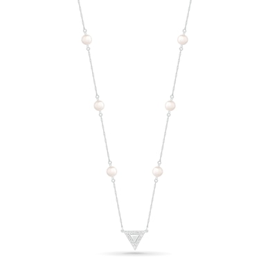 4.0mm Freshwater Cultured Pearl and White Lab-Created Sapphire Beaded Triangle Station Necklace in Sterling Silver