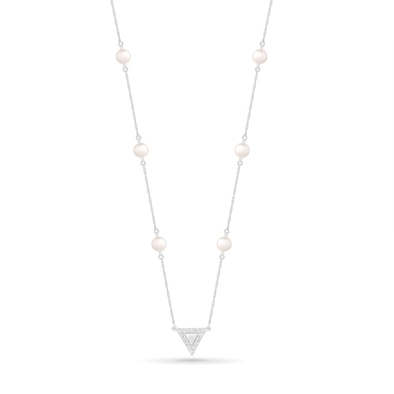 4.0mm Freshwater Cultured Pearl and White Lab-Created Sapphire Beaded Triangle Station Necklace in Sterling Silver