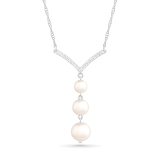 4.0-6.0mm Freshwater Cultured Pearl and White Lab-Created Sapphire Chevron "Y" Necklace in Sterling Silver