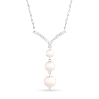 4.0-6.0mm Freshwater Cultured Pearl and White Lab-Created Sapphire Chevron "Y" Necklace in Sterling Silver