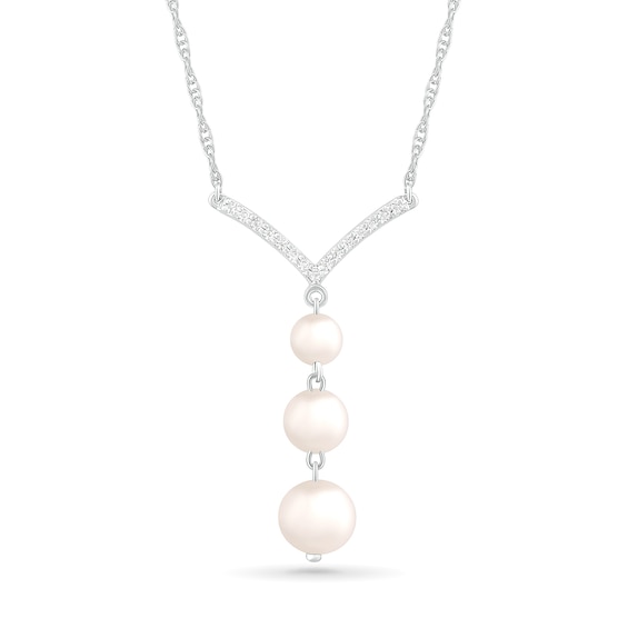 4.0-6.0mm Freshwater Cultured Pearl and White Lab-Created Sapphire Chevron "Y" Necklace in Sterling Silver