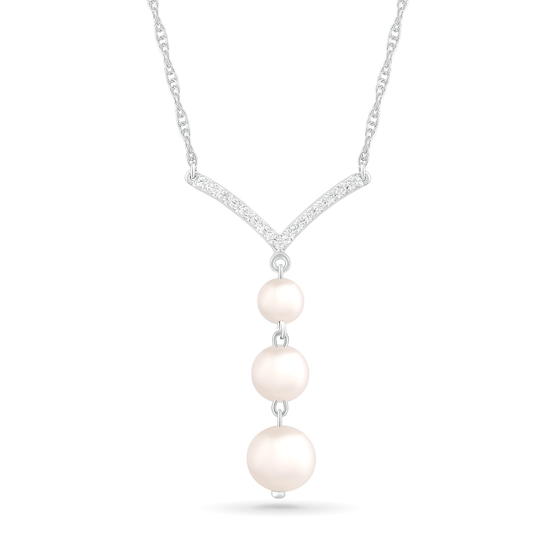4.0-6.0mm Freshwater Cultured Pearl and White Lab-Created Sapphire Chevron "Y" Necklace in Sterling Silver|Peoples Jewellers