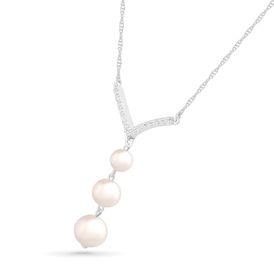 4.0-6.0mm Freshwater Cultured Pearl and White Lab-Created Sapphire Chevron "Y" Necklace in Sterling Silver