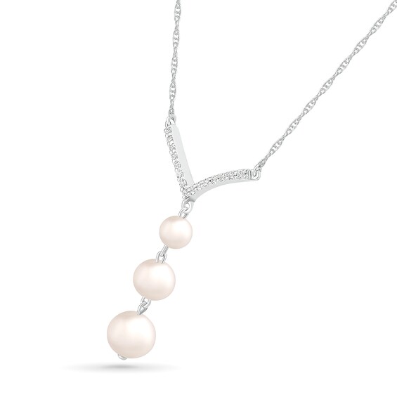 4.0-6.0mm Freshwater Cultured Pearl and White Lab-Created Sapphire Chevron "Y" Necklace in Sterling Silver