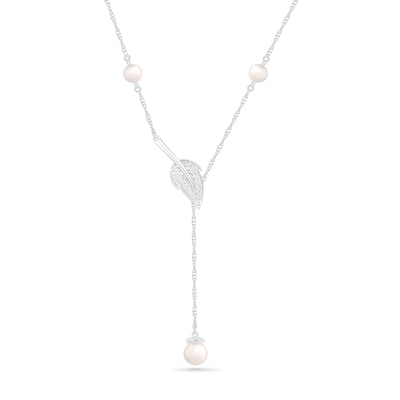 Freshwater Cultured Pearl and White Lab-Created Sapphire Leaf Accent Station Lariat Necklace in Sterling Silver