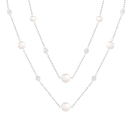 Freshwater Cultured Pearl and White Lab-Created Sapphire Cluster Station Double Strand Necklace in Sterling Silver