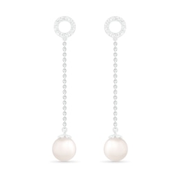 7.0mm Freshwater Cultured Pearl and White Lab-Created Sapphire Open Circle Linear Drop Earrings in Sterling Silver