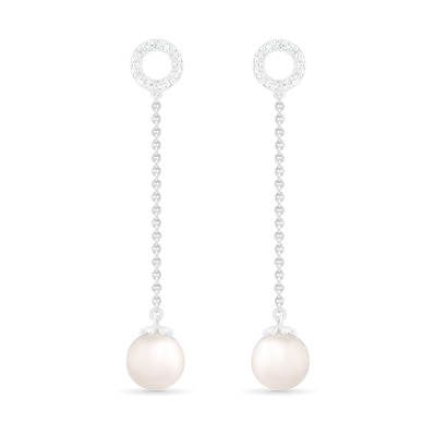 7.0mm Freshwater Cultured Pearl and White Lab-Created Sapphire Open Circle Linear Drop Earrings in Sterling Silver