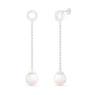 7.0mm Freshwater Cultured Pearl and White Lab-Created Sapphire Open Circle Linear Drop Earrings in Sterling Silver