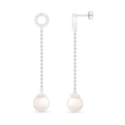 7.0mm Freshwater Cultured Pearl and White Lab-Created Sapphire Open Circle Linear Drop Earrings in Sterling Silver