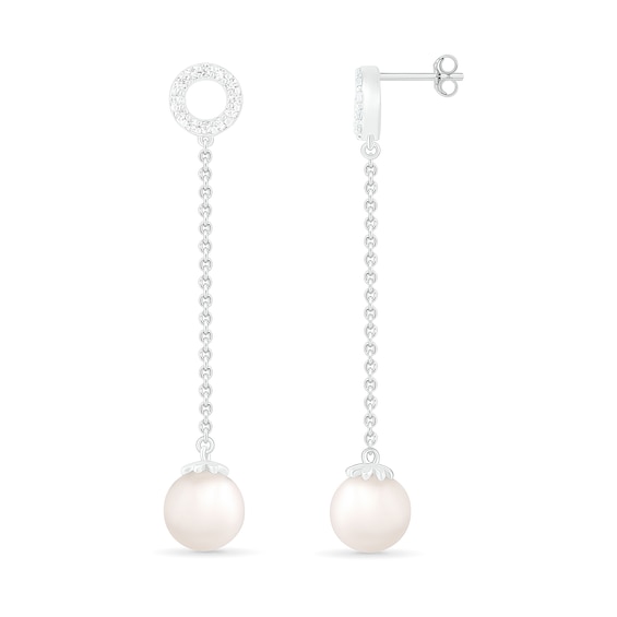 7.0mm Freshwater Cultured Pearl and White Lab-Created Sapphire Open Circle Linear Drop Earrings in Sterling Silver