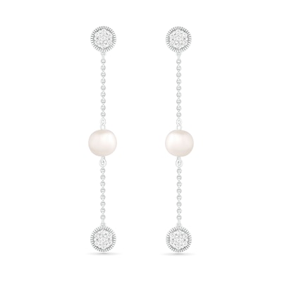 6.0mm Freshwater Cultured Pearl and White Lab-Created Sapphire Cluster Linear Triple Drop Earrings in Sterling Silver