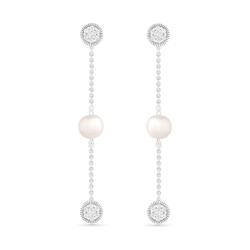 6.0mm Freshwater Cultured Pearl and White Lab-Created Sapphire Cluster Linear Triple Drop Earrings in Sterling Silver|Peoples Jewellers