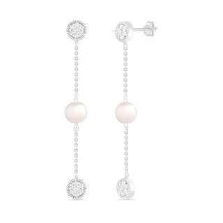 6.0mm Freshwater Cultured Pearl and White Lab-Created Sapphire Cluster Linear Triple Drop Earrings in Sterling Silver