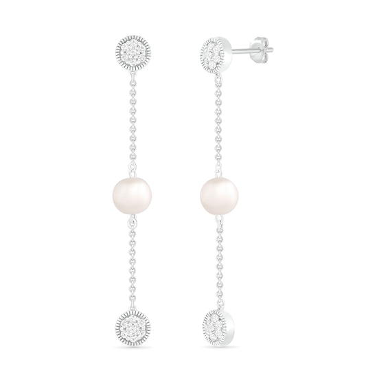 6.0mm Freshwater Cultured Pearl and White Lab-Created Sapphire Cluster Linear Triple Drop Earrings in Sterling Silver