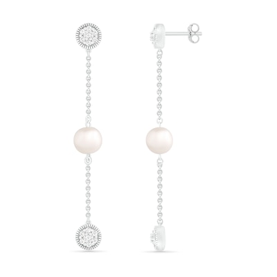 6.0mm Freshwater Cultured Pearl and White Lab-Created Sapphire Cluster Linear Triple Drop Earrings in Sterling Silver