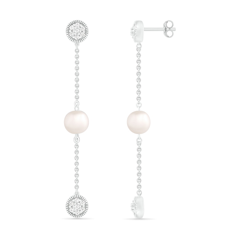 6.0mm Freshwater Cultured Pearl and White Lab-Created Sapphire Cluster Linear Triple Drop Earrings in Sterling Silver