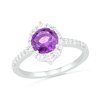 7.0mm Amethyst and White Lab-Created Sapphire Ornate Frame Ring in Sterling Silver