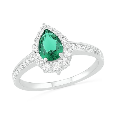 Pear-Shaped Lab-Created Emerald and White Sapphire Crown Frame Ring in Sterling Silver