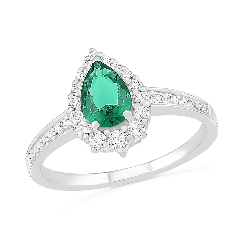 Pear-Shaped Lab-Created Emerald and White Sapphire Crown Frame Ring in Sterling Silver|Peoples Jewellers