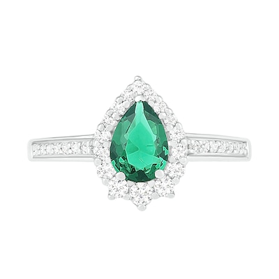 Pear-Shaped Lab-Created Emerald and White Sapphire Crown Frame Ring in Sterling Silver