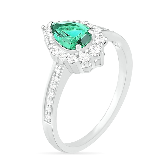 Pear-Shaped Lab-Created Emerald and White Sapphire Crown Frame Ring in Sterling Silver