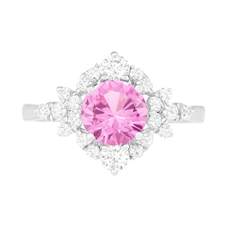 7.0mm Lab-Created Pink and White Sapphire Floral Frame Ring in Sterling Silver