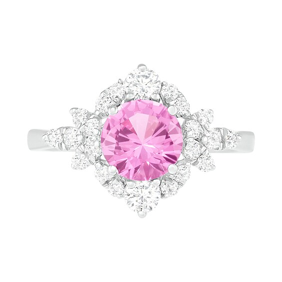 7.0mm Lab-Created Pink and White Sapphire Floral Frame Ring in Sterling Silver