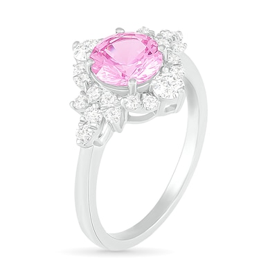 7.0mm Lab-Created Pink and White Sapphire Floral Frame Ring in Sterling Silver