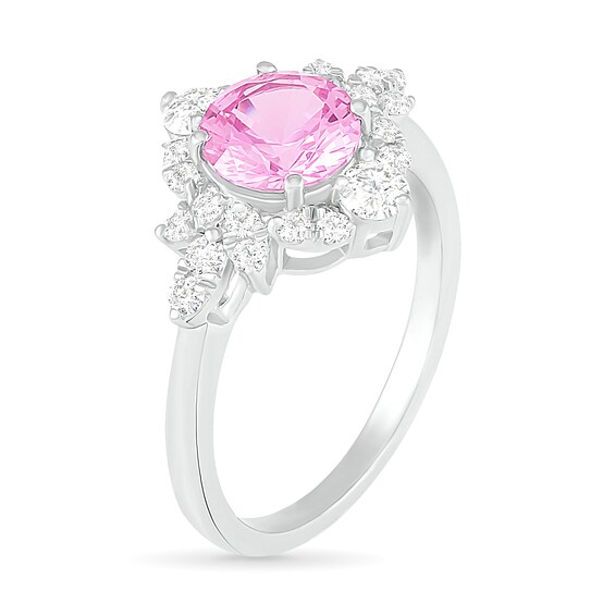 7.0mm Lab-Created Pink and White Sapphire Floral Frame Ring in Sterling Silver