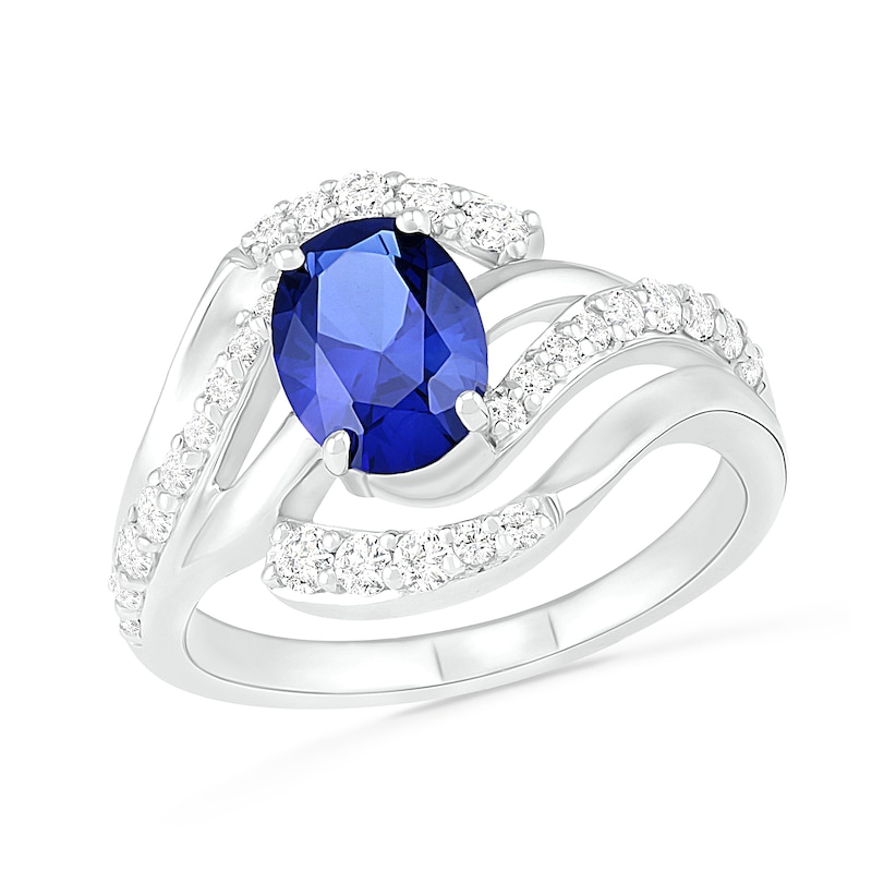 Oval Lab-Created Blue and White Sapphire Wave Bypass Split Shank Ring in Sterling Silver|Peoples Jewellers